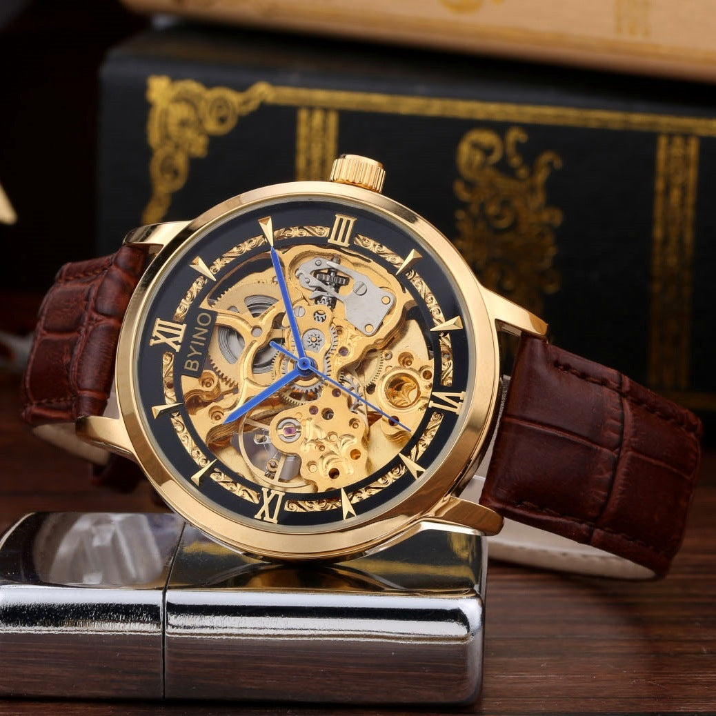 Authentic Mens Casual Leather Hollowing Automatic Mechanical Watches Through The End Of The Golden Youth Men's Wholesale Waterproof